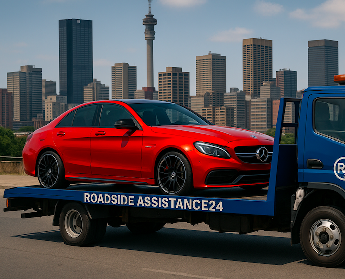 Rollback towing a mercedes benz on a flatbed truck or trailer in Gauteng